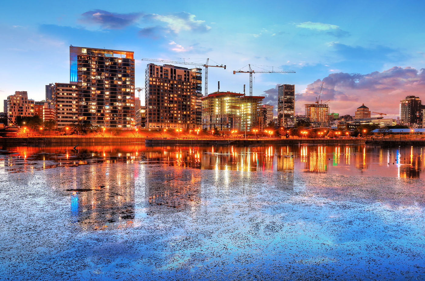 2020 Colorful Downtown Montreal Cityscape at Sunset - stock photos and royalty-free images