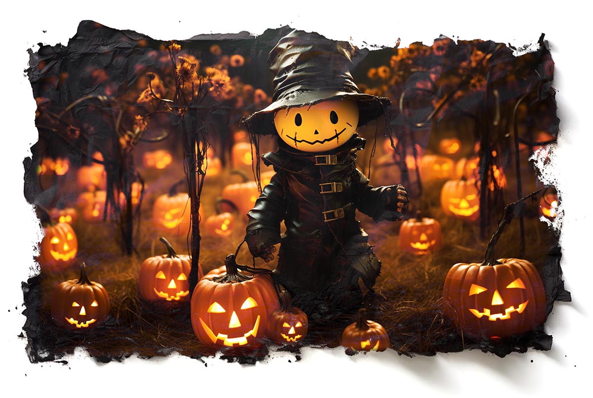 Halloween Scarecrow and Illuminated Pumpkins