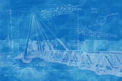 Modern Pedestrian River Cross Footbridge in Blueprint